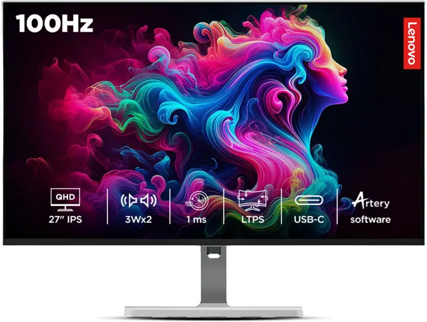 Lenovo (L27h-4A), 2K, 27-inch, HDMI & Type-C Display Output, 4x USB-A, Quad HD LED Backlit IPS Panel Monitor, 3W x 2 Inbuilt Speakers, 99% sRGB (Response Time: 1ms, 100Hz Refresh Rate)