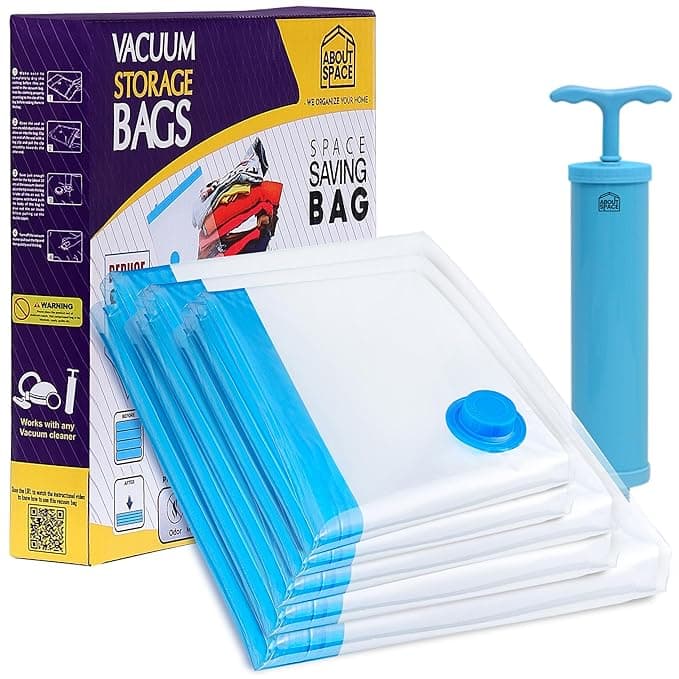 ABOUT SPACE Polyamide Polyethylene Vacuum Compression Bags (5 Pack) with Hand Pump | 1L/ 2M/2S Zip Seal Compression Storage Bags | Heavy-Duty Airtight Reusable Space Saver Luggage Organizer (Blue)